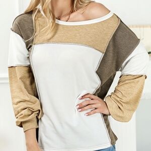 B085 Khaki Exposed Seam Color block Patchwork Top